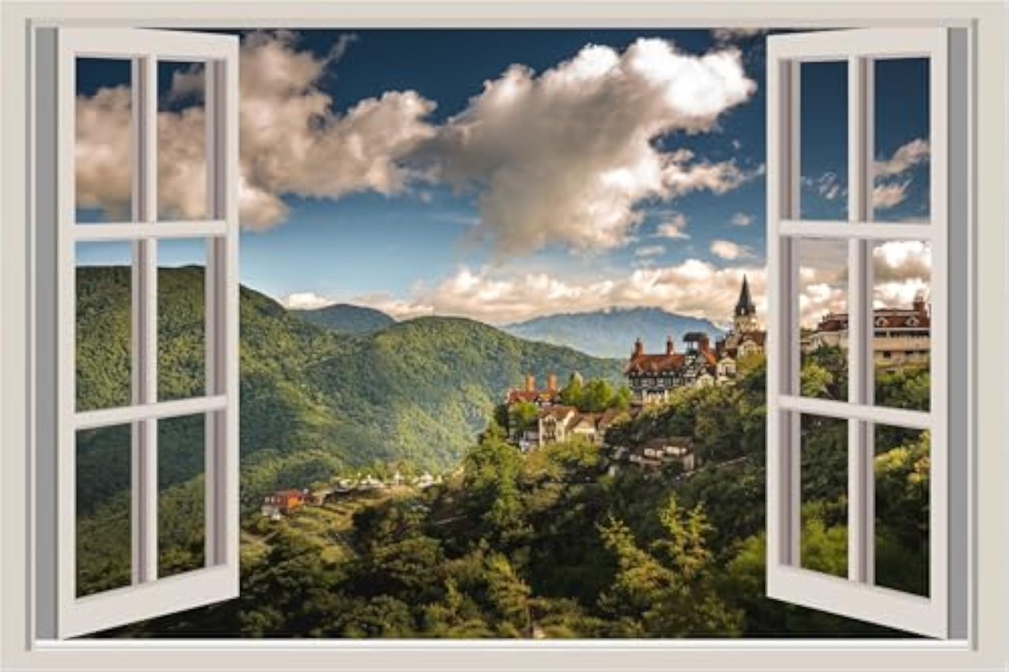 3D Mountain Castle Window View Wall Sticker