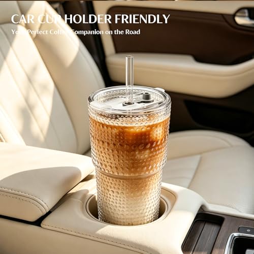 Image of INSETLAN 20oz Hobnail Glass Cups with Lids and Glass Straws - 4 Pieces, Thick-Walled Glass Tumblers for Iced Coffee, Smoothies, Milk, Water, Juice, and More - Elegant and Durable Drinking Glasses