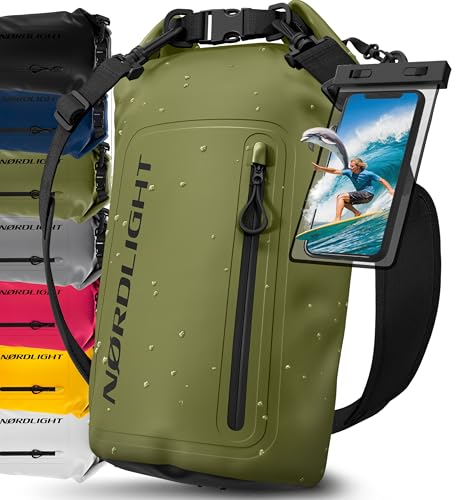 Nordlight Dry Bag Sac Étanche avec Pochette Étanche Téléphone, Fermeture Roll-Top, Bandoulière | Sac à Dos étanche Nautique, Sac Impermeable Etanche | Natation Plage Sup - Vert Olive (Opaque), 30 L