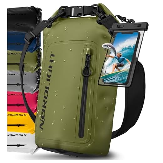 Nordlight Dry Bag wasserdichte Tasche mit Handyhülle + Roll-Top, Schultergurt | Drybag wasserfester Rucksack Beutel Packsack Seesack Wassersack Wetbag | Baden Schwimmen Strand SUP – Olivgrün, 30 Liter