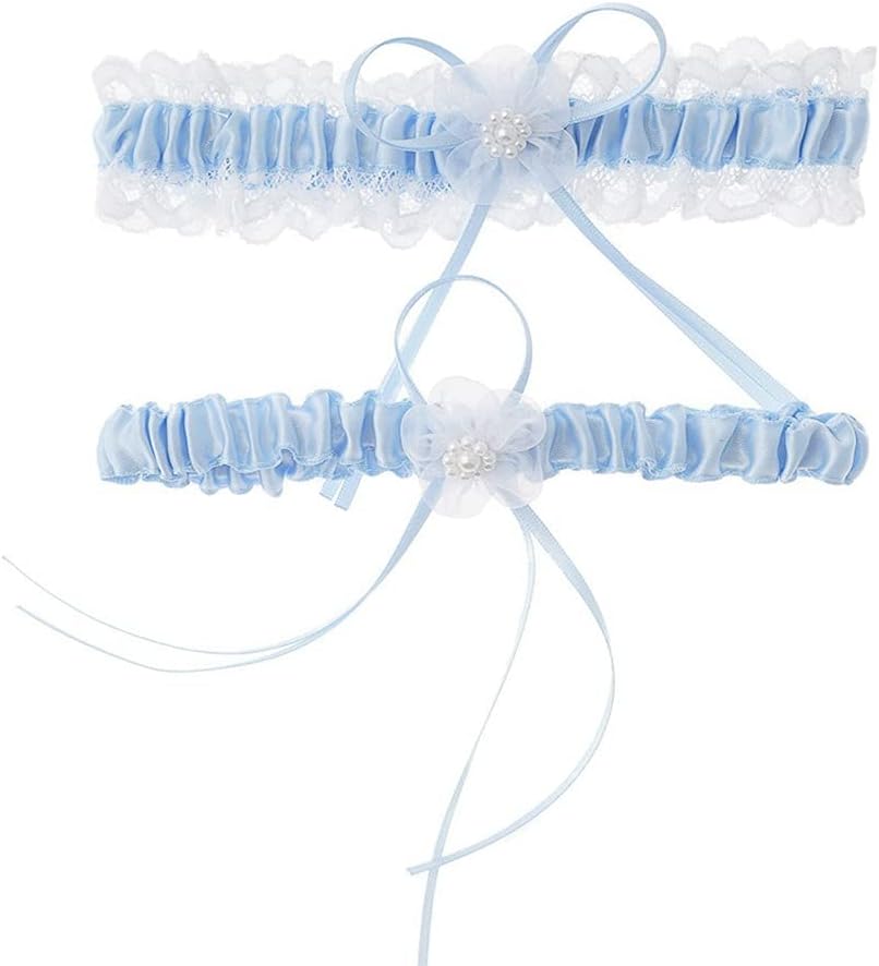 Elegant Bride's Wedding Bridal Garters with Pearls Lace Bow Satin Garter Belt(Pack of 2)