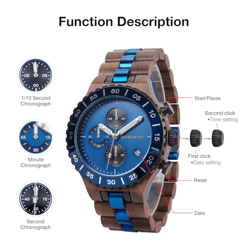 2win Engraved Wooden Watches for Men Blue Date Chronograph Military Luxury Personalized Customized Wrist Watches Anniversary Watch Gift for Husband My Man Boyfriend - Image 6