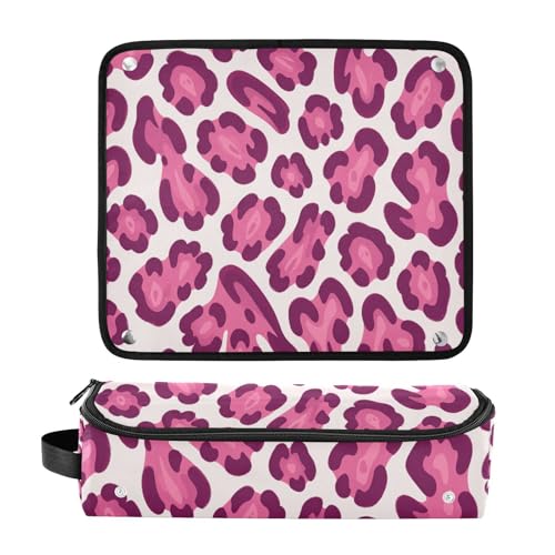 Organizador 2 en 1 para herramientas de cabello con estera para plancha grande, estuche de viaje para planchas alisadoras, rizadoras, secadoras planas, impresión rosa leopardo cheetah, esenciales de viaje para mujeres miniatura 3