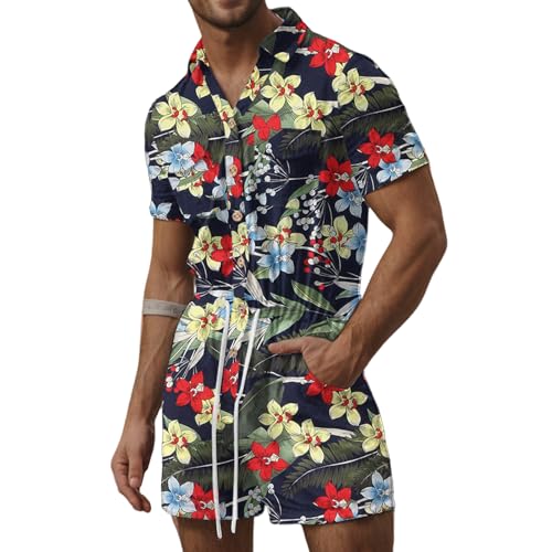 Mens One Piece Rompers Short Sleeve Shirts Hawaiian Casual Printed Lightweight Shorts Overalls Summer Beach Outfits