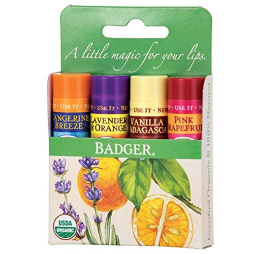 Badger - Classic Lip Balm Green Box, Made with Organic Olive Oil, Beeswax & Rosemary, Natural Lip Balm Variety Pack, Certified Organic, Moisturizing Lip Balm, 0.15 oz each - 4 pack
