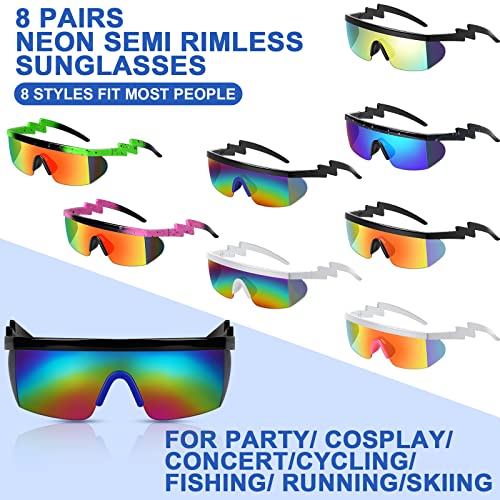 Maitys 8 Pairs Retro Semi Rimless Sunglasses 80s 90s Zigzag Sunglasses Colored Neon Transparent Lens Glasses for Men Women2
