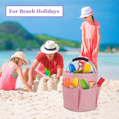Image of 17L Portable Shower Caddy with 6 Side Pockets, Foldable Cleaning Supply Caddy with Handle, Garden Tool Bag in 600D Oxford Fabric, Multifunctional Storage Basket for Showers, Picnics, Pink