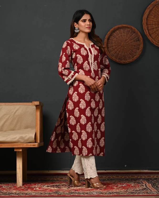 Image of FIRSTRAIN Women Cotton Straight Printed Kurti | Soft Breathable Kurta for Office & Casual Use | | Trendy Festive & Regular Wear Cotton Kurti