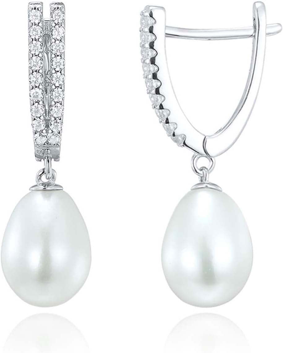 Jupiter Natural Pearl Sterling Silver Women's Stud Earrings - Genuine Pearl Cubic Zirconia Fashion Drop Earrings