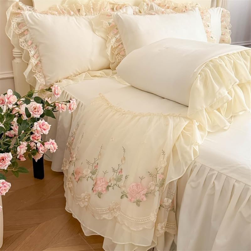 Parure de Lit 4 Pièces à Dentelle Style Français Chic - Couverture-Drap,Drap de Lit et Housses de Traversin pour Fille,Literie Style Coréen Princesse,Ultra Doux et Léger(White,Twin)
