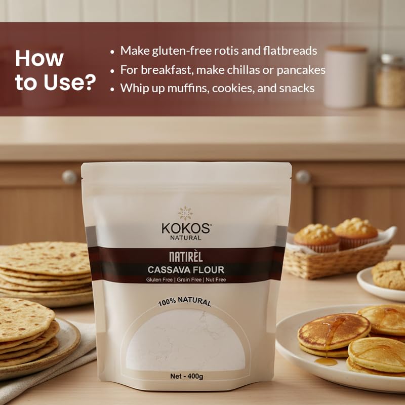 Image of Kokos Natural Cassava Flour - 400 Gm (Pack of 2) | 100% Natural Whole Food, Paleo Friendly, Vegan, Gluten Free, Grain Free, Nut Free | Indian Regional Names: Sabudana Aata, Tapioca Flour, Maravalli Kilangu |