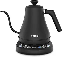 COSORI Chaleira elétrica pescoço de ganso com 5 predefinições variáveis, despeje sobre café, tampa interna e inferior 100% de aço inoxidável, aquecimento rápido de 1200 watts, 0,8L, preto fosco CO108