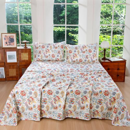 Image of FADFAY Full Ivory 100% Egyptian Cotton Paisley Sheets Set 4 Piece, Vintage Botanical Cottagecore Bedding, Soft Breathable Boho Floral Farmhouse Bedding with Deep Pocket Fitted Sheet for All Seasons