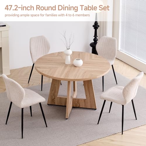 Image of 47 inch Round Dining Table Set for 4, Kitchen Table and Chairs | Wooden Cross Base, Boucle Fabric Chair, for Apartment