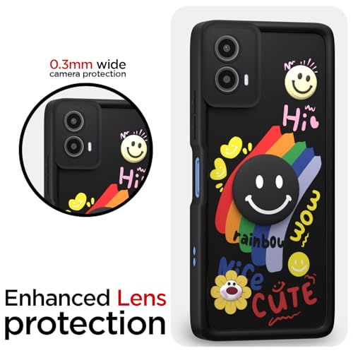 Image of Pikkme Back Cover for Motorola Moto G34 5G / G45 5G | Soft Silicone| Cute Rainbow Smile & 3D Cartoon Flower Design | Shockproof Raised Camera Protection Bumper Case (Black)