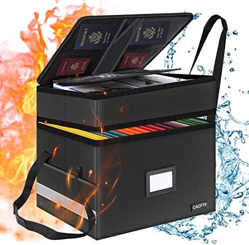 CACFTII Fireproof Document Box with Lock Double Layer Portable File Box with Handle Collapsible File Organizer Lock Box for Hanging Letter/Legal Size Folder/Certificate No Key Required(1 Pack)