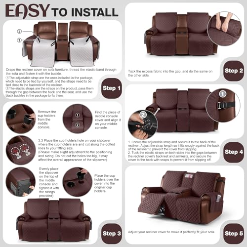 Image of KinCam 100% Waterproof Recliner Loveseat Cover with Console, Non-Slip Reclining Couch Covers for 2 Seat, Recliner Sofa Cover Furniture Protector with Elastic Straps for Kids, Pets, Coffee