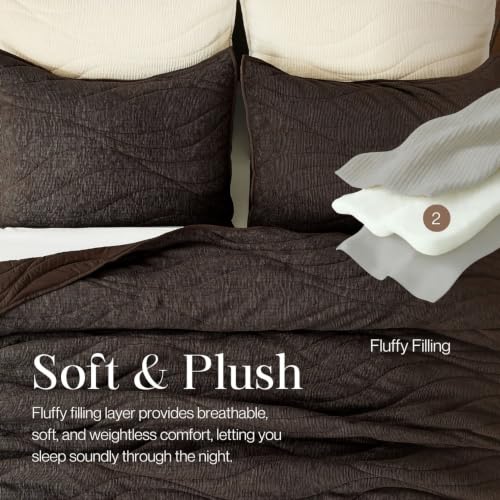 Image of DOWN HOME Crinkle Textured Velvet Quilt Set with Shams, All-Season Luxury Modern Bedding,Easy Care Comforter,Ultra-Soft,Lightweight & Breathable, Cali King, Antique Brown