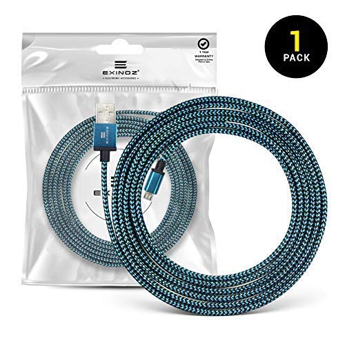 6.6ft Braided Charger Cable for PS4 DualShock and Xbox One Controller | Ideal Length Xbox and PS4 Controller Charging Cable | 1 Year Replacement Warranty (1 Pack, Blue)