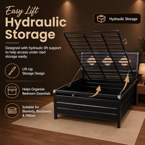 Image of King Size 6X6 Metal Hydraulic Storage Bed - Matte Black Finish, No Mattress Included (75X72 INCH)