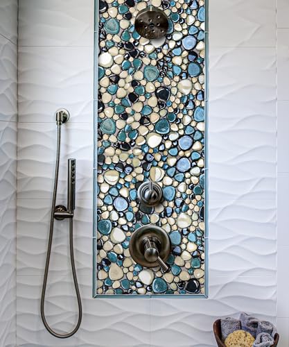 Primoon Interlocking Pebble Tiles 5 Sheets, Aqua Teal Blue Mosaic Tiles Mesh Mounted, 12X12 Waterproof Ceramic Tile Flooring For Kitchen Bath Backsplash Shower Floor Pool thumb #3
