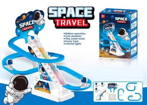 Image of MOROVIK Duck Slide Toy Set, Funny Automatic Stair-Climbing Ducklings Cartoon Race Track Set Little Lovely Duck Slide Toy Escalator Toy with Lights and Music (Duck Slide) (Space Track Racer)