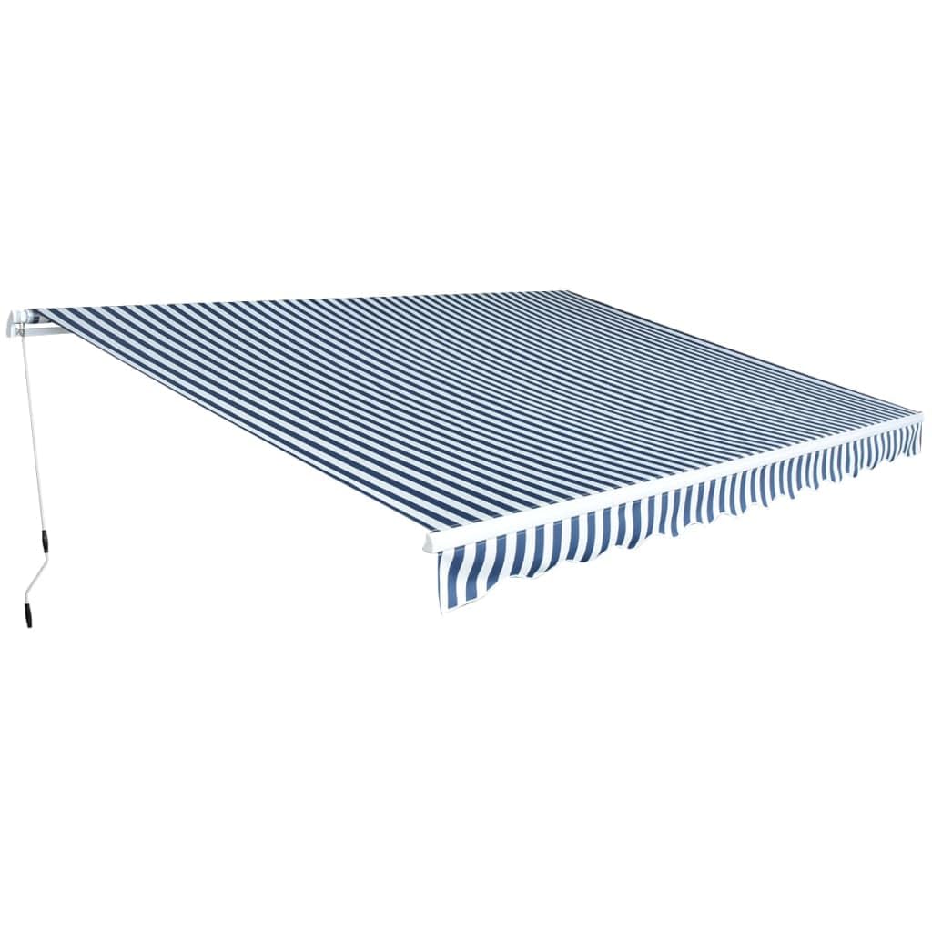 Store banne à bras articulé 450x300 cm bleu et blanc pour terrasse avec manivelle