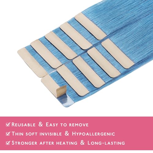 Image of WENNALIFE Tape in Hair Extensions Human Hair SkyBlue Tape in Extensions, 10pcs 25g 14 inch Remy Invisible Tape Ins Straight Colored Soft Real Human Hair Tape in Extensions Refill Set Extensions