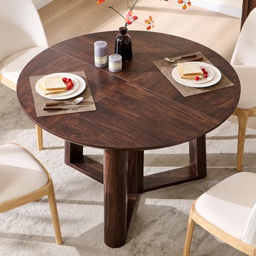 OKD 47\" Dining Table for 4-6, Round Dining Room Table with Triangular Structure Pedestal Stable Base, Curved Table Edge, Circle Kitchen Tables for Dining Room, Kitchen, Dark Walnut - Thumbnail 4