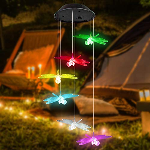 image for YHmall Dragonfly Wind Chimes for Outside, LED Lights Solar Wind Chimes