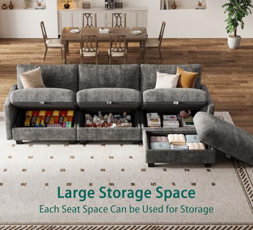 Image of Modular Sectional Sofa, 101 inch L Shaped Couch with Storage | High Resilience Foam, 22 inch Seat Depth, Movable Ottoman, Comfy Chenille, Easy Assembly, Dark Gray