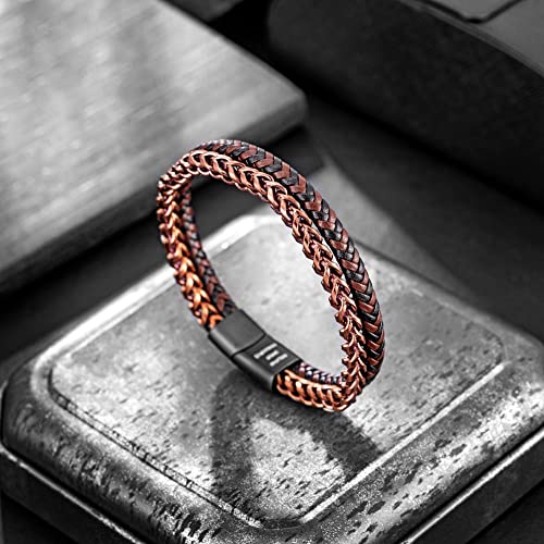 Image of Men's Leather and Steel Chain Bracelet with Clasp
