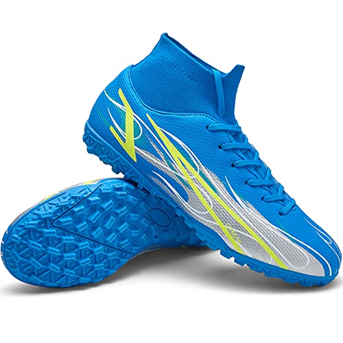Luluboy Men's Turf Soccer Cleats Football Boots High-Tops Lace-Up Non-Slip Spikes Indoor Tf Lacrosse Shoes Blue Eu 42 #TOP7