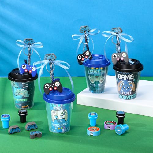 Cadeaux de fête gamer et kit anniversaire enfant avec gobelet, autocollants et taille-crayon