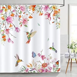Bonhause Floral Hummingbird Shower Curtain Flower Birds Plant Spring Bathroom Curtain 180 x 180 cm Waterproof Mildew & Mould Resistant Polyester Fabric Bath Curtain with 12 Hooks