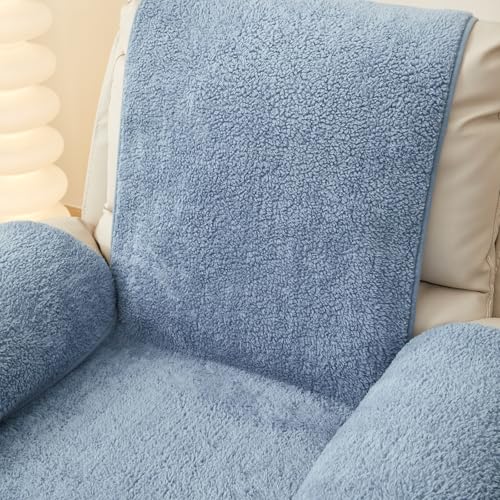 Image of ELEFOCUS Plush Sherpa Fleece Recliner Chair Cover，Soft Warm Sofa Slipcover,Washable for Reclining Sofa,Furniture Protector Non Slip (Blue, 22 inch)