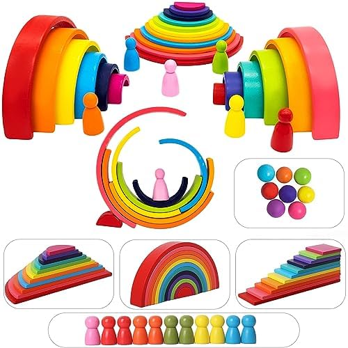 Wooden Rainbow Stack Set, 5-in-1 Building Blocks Toys, Wooden Stacking ...