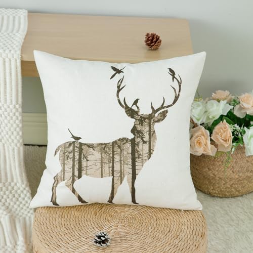 VOGOL Square Decorative Cotton Linen Throw Pillow Case Cushion Cover, Cool Elk Pattern Throw Pillowcase for Bedroom, Modern Style Christmas Decor, 18 x 18 Inch
