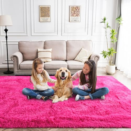 Fluffy Area Rug 9x12 Living Room, Hot Pink Rugs for Bedroom Girls, Extra Large Rug Big Carpet 9 by 12 Fuschia
