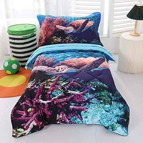 Wowelife Turtle Toddler Bedding Set 4 Piece Sea World Red Toddler Bed Set with Comforter, Flat Sheet, Fitted Sheet and Pillowcase(Blue) Cover