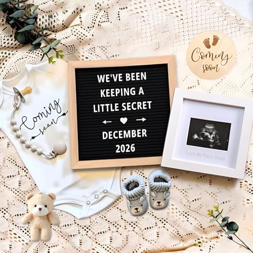 Pregnancy Announcement, Baby Announcement Ideas Set Include Felt Letter Board, Baby Onesie, Booties, Photo Frame, Wooden Sign and Bear Plush, Pregnancy Announcement Photo Props Coming Soon Baby Announcement