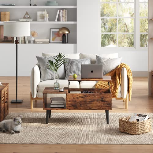 Image of DINZI LVJ Lift Top Coffee Table, Modern Center Table with Large Hidden Compartment, Lift Up Living Room Table with Wooden Tabletop and Pop Up Storage, for Home and Office, Rustic Brown