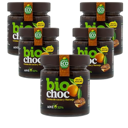 Biochoc - Naranja baja en azúcar - Crema de cacao con Aceite de Oliva Virgen Extra Ecológico - 100% Ecológica - Sin gluten, Sin leche, Sin huevo 200 g. (Pack 5)