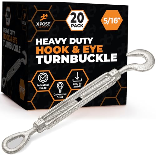Xpose Safety 5/16" Hook and Eye Turnbuckle - Heavy Duty Galvanized Steel Turn Buckles - Turn Buckle Tensioner for Cables, Tension Wire, Rope, Shade - Adjustable Turnbuckle Hook and Eye 20 Pack