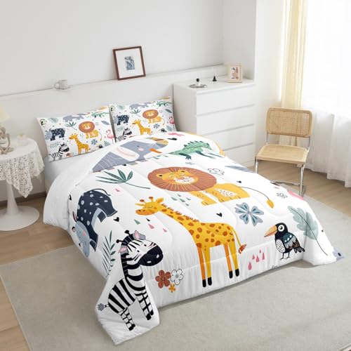 Image of Feelyou Kids Zoo Animal Comforter Set Cute Wild Animals Bedding Set Cartoon Safari Wild Print Comforter for Boys Girls Children Teens Bedroom Decor Exotic Natural Theme Duvet Set Queen Size