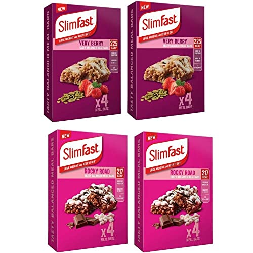 Slim Fast 16 x 60 g Mahlzeitenriegel, 8 Rocky Road mit 8 sehr beerenschmackhaften Geschmacksrichtungen, ausgewogener MahlzeitenersatzRiegel für Gewichtsverlust und Diät, kaloriengesteuert, reich an