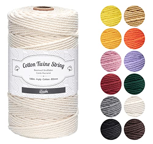 ilauke Fil de Macramé Corde 3mmx100m Cordon en Coton Naturel Macramé Bricolage Artisanat Corde en Coton pour Suspension Murale,Suspension de Plantes,Artisanat,Tricot,Projets Décoratifs(Beige)