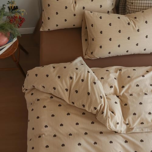 Freyamy Herz Bettwäsche 200x200 Herzen Khaki Braun Gestreift Bettwäsche Set – Ansicht 1