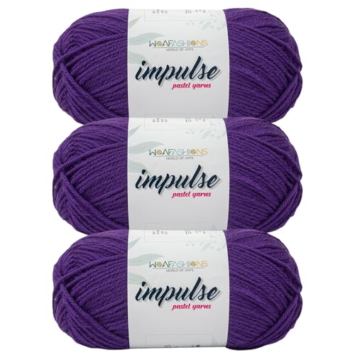Image of WOAFashions Impulse Hand Knitting & Crochet Yarn, Premium Acrylic, 4 : Medium (Purple) (3x100gms / 3.5oz / 200mtr / 218yds)