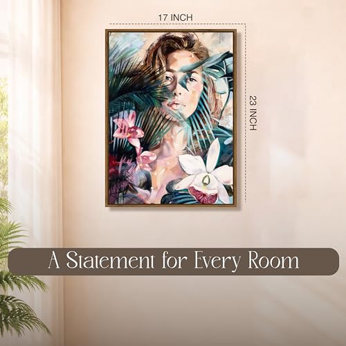 Image of Tropical Botanical Woman Portrait Framed Canvas Painting For Living Room | Modern Floral Abstract Female Wall Art For Livingroom Wall Decor, Home Decor, Bedroom, Hallway's, Office, Hotel - 43x58 cm